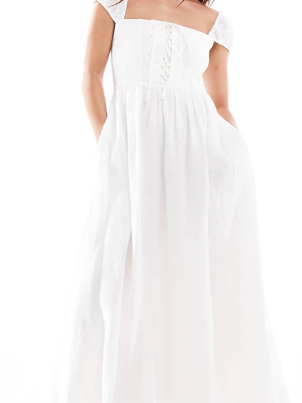 USED Ever New White Square-Neck Maxi Dress with Lace-Up Bodice
